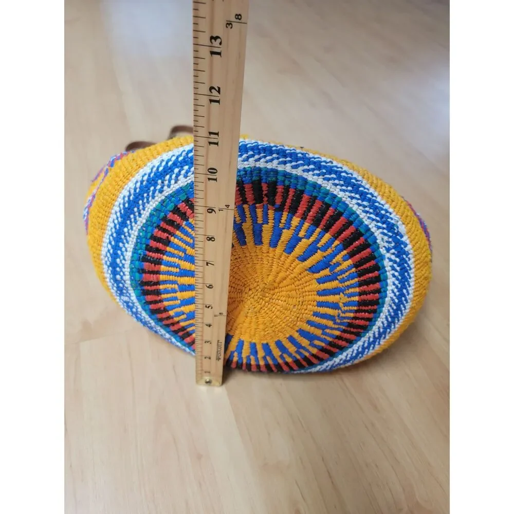 African Kiondo Market Bag Handwoven Tote Yellow Blue Striped Leather Large